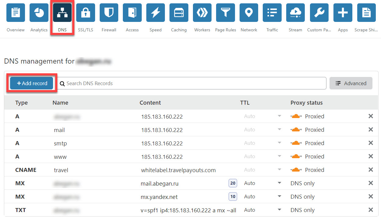 Cloudflare DNS dashboard