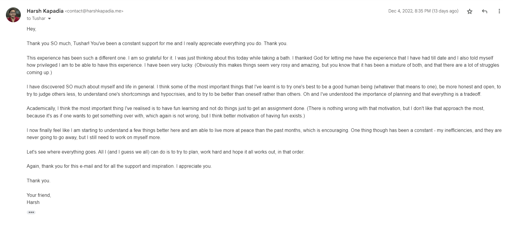 My reply to Tushar&rsquo;s &lsquo;Happy three months &lt;3&rsquo; e-mail.